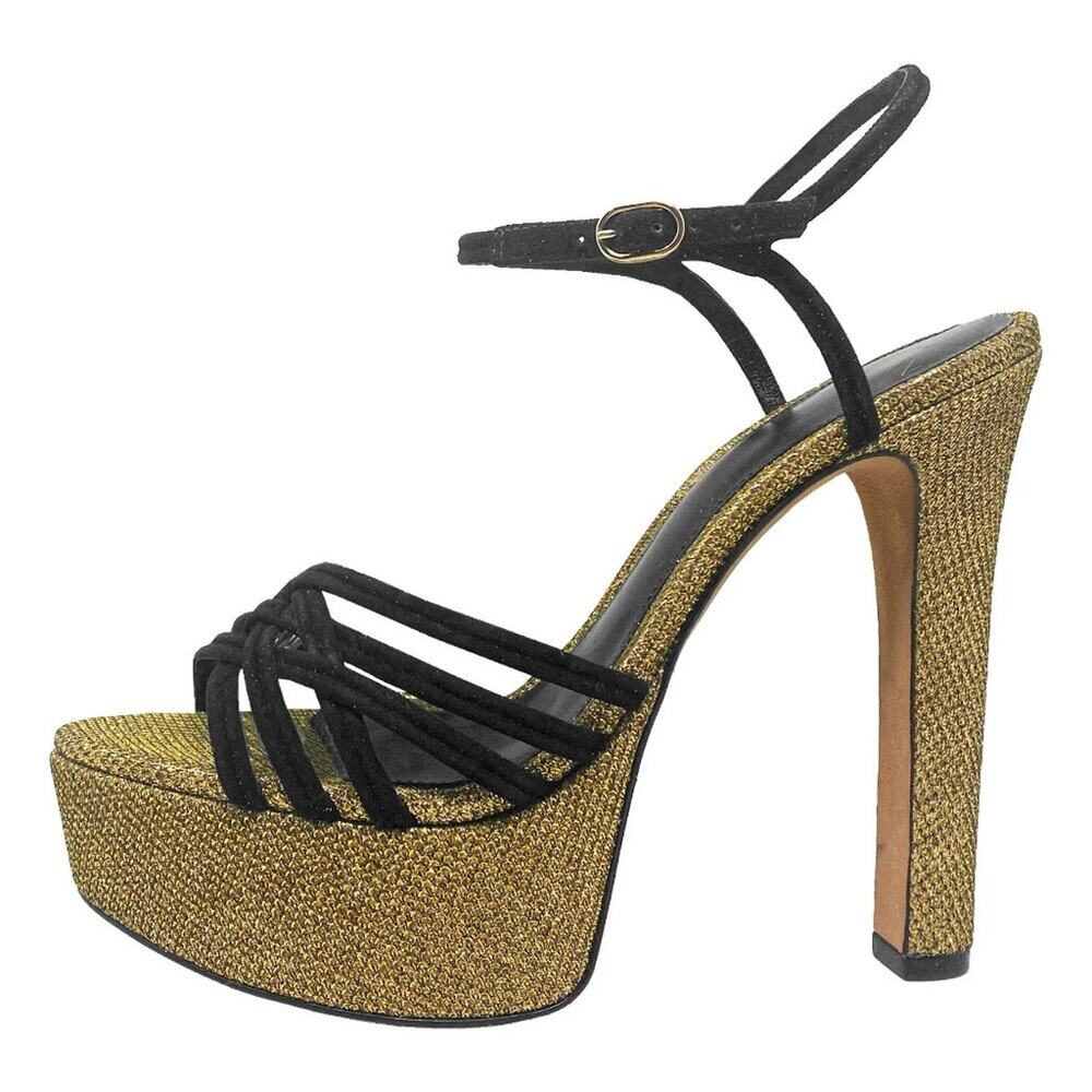 Alexandre‎ Birman Platform Sandals Black Suede Gold Metallic Size 37/ US 7